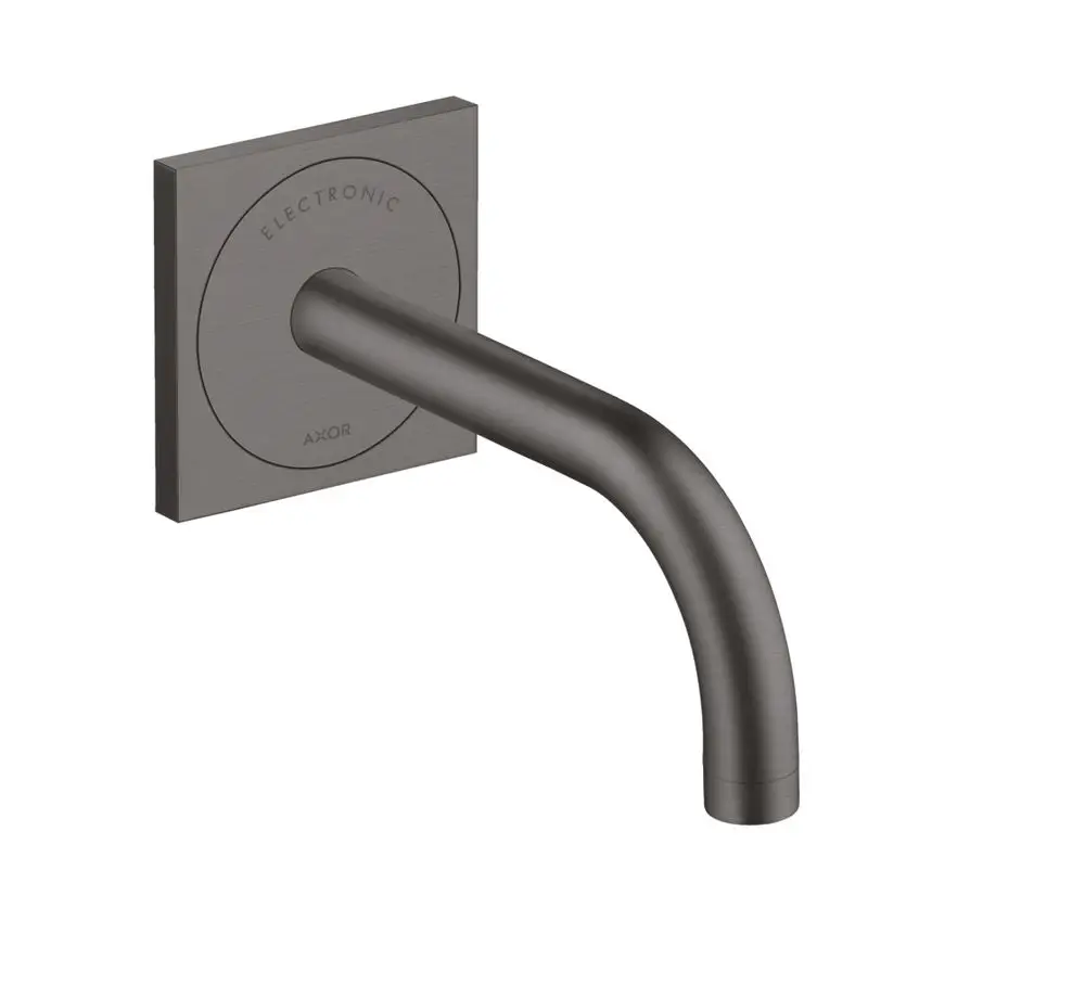 Wandlauslauf aus gebürstetem Schwarzchrom von AXOR mit quadratischer Montageplatte und einem gebogenen Wasserlauf in schlichtem Design.